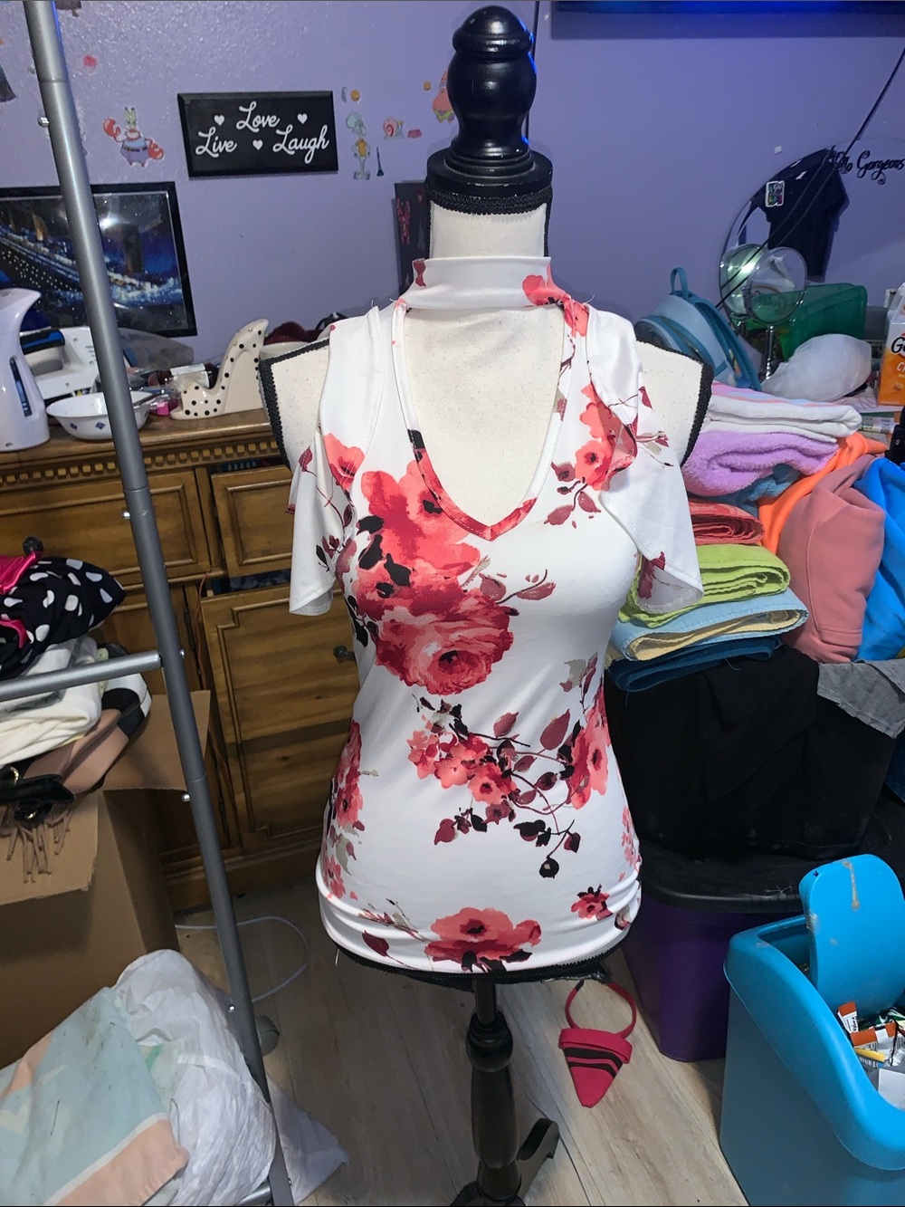 First Love White Floral V-Neck Halter Top Ruffle Sleeves